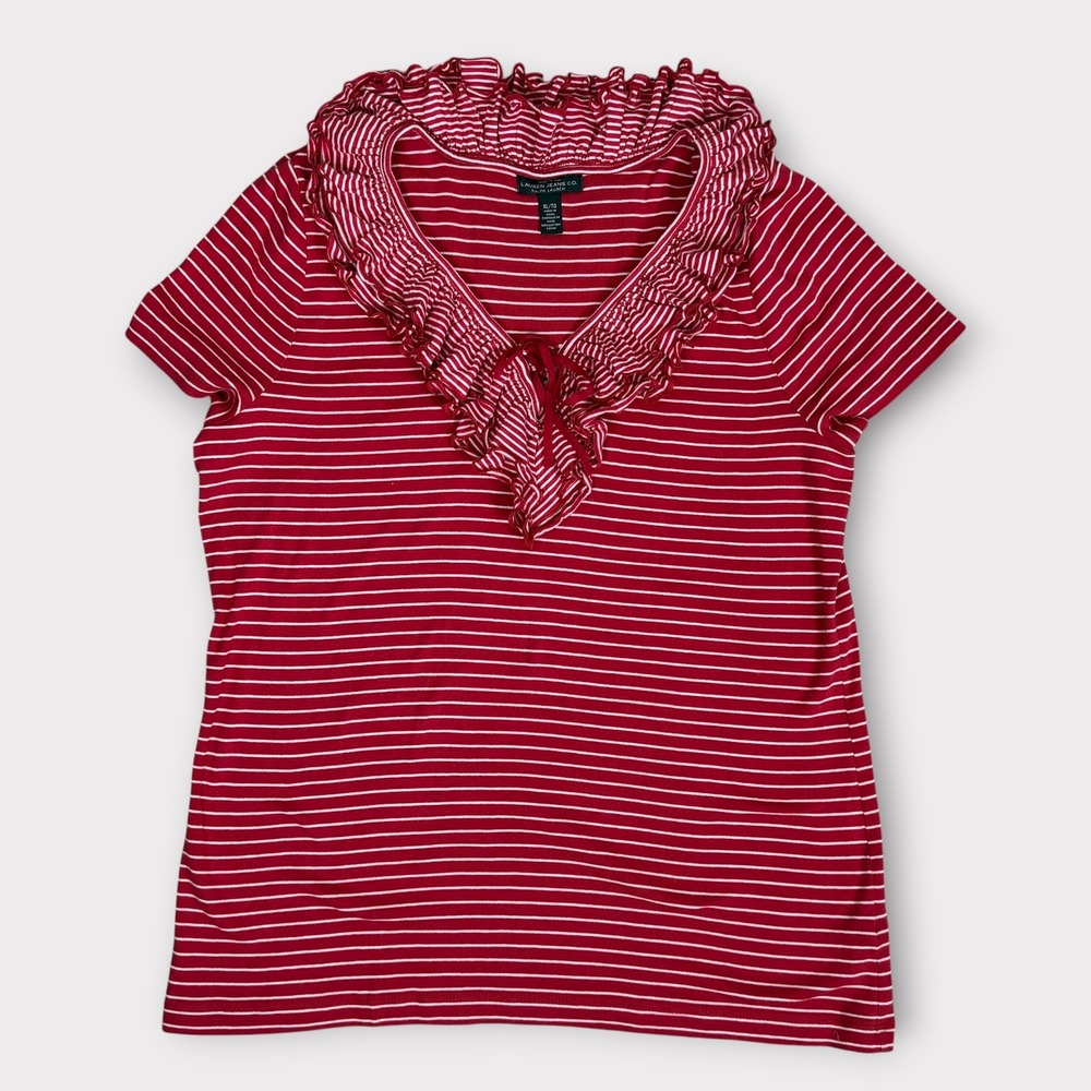 Lauren Ralph Lauren Red‎ White Striped Ruffle V Neck Lace Up T Shirt XL Nautical